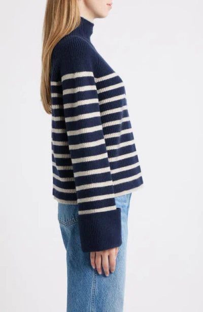 Rag & Bone Stripe Wool Cuff Sleeve Funnel Neck Sweater In Blue