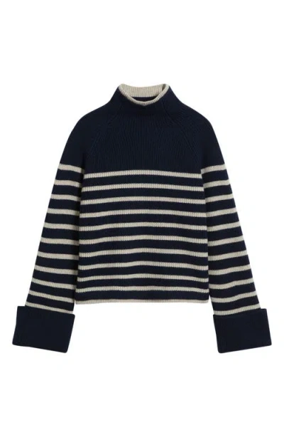 Rag & Bone Stripe Wool Cuff Sleeve Funnel Neck Sweater In Blue