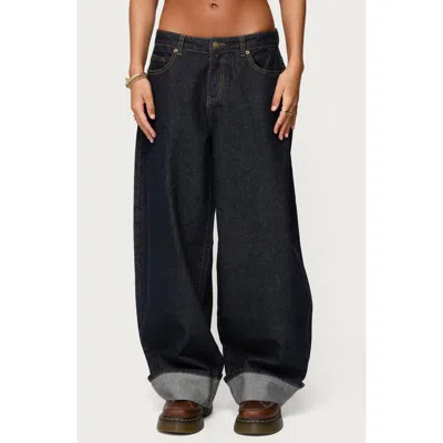 Edikted Kella Oversized Low Rise Cuffed Wide Leg Jeans In Black