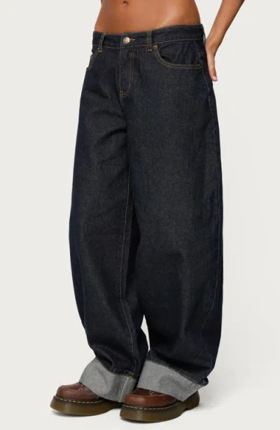 Edikted Kella Oversized Low Rise Cuffed Wide Leg Jeans In Black