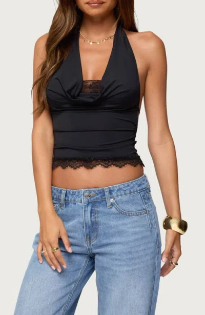 Edikted Layered Lacey Cowl Neck Halter Top In Black