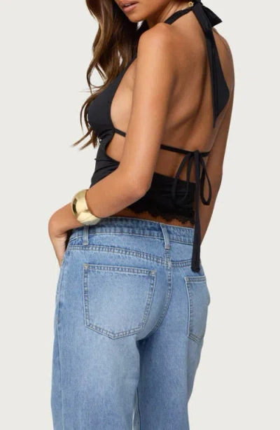 Edikted Layered Lacey Cowl Neck Halter Top In Black