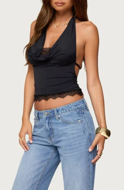 Edikted Layered Lacey Cowl Neck Halter Top In Black