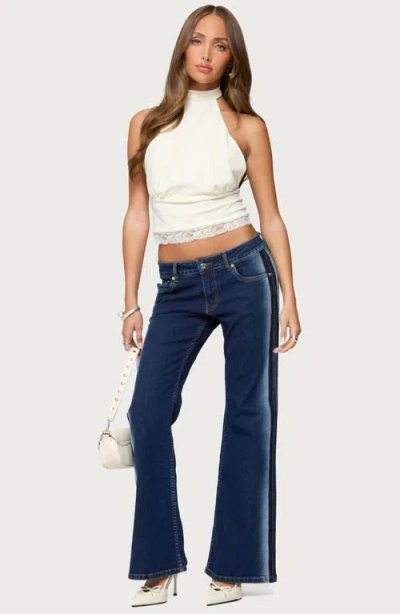 Edikted Airbrushed Low Rise Flared Dark Rinse Wash Jeans In Multi