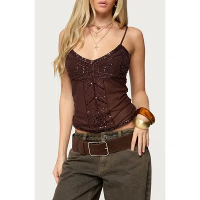 Edikted Azelia Beaded Sheer Mesh Chiffon Top In Brown