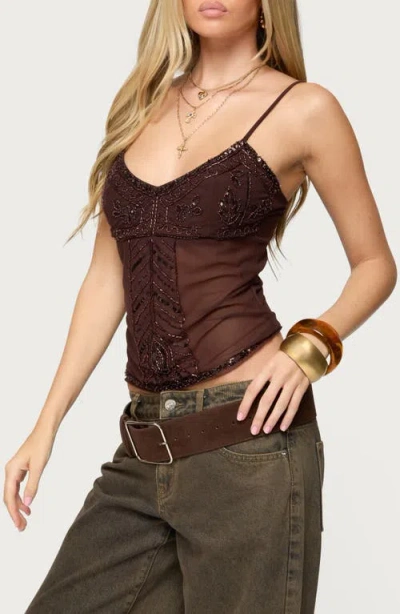 Edikted Azelia Beaded Sheer Mesh Chiffon Top In Brown