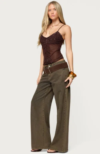 Edikted Azelia Beaded Sheer Mesh Chiffon Top In Brown