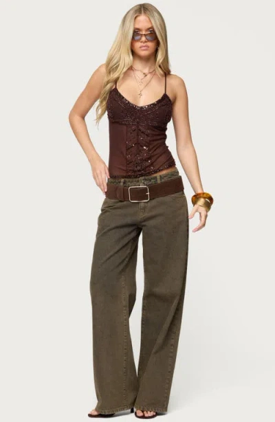 Edikted Azelia Beaded Sheer Mesh Chiffon Top In Brown