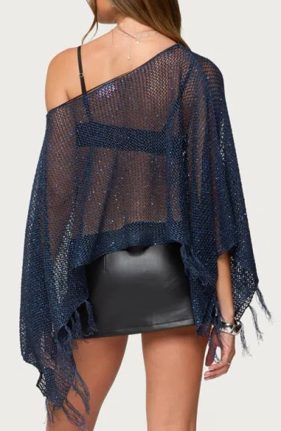 Edikted Sequin Fringe Knit Poncho In Blue