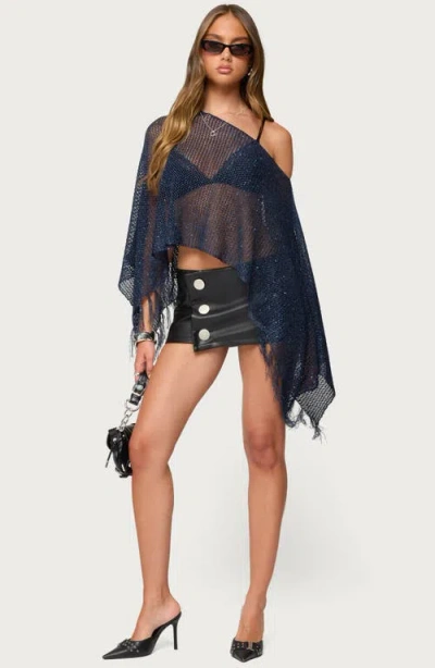 Edikted Sequin Fringe Knit Poncho In Blue