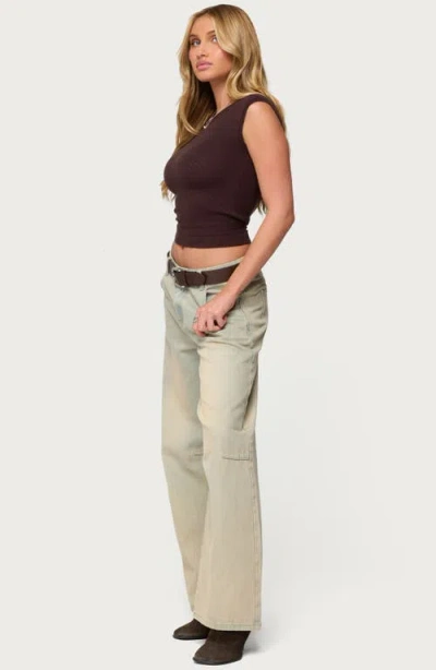 Edikted Jarah Pointelle Knit Boat Neck Top In Brown