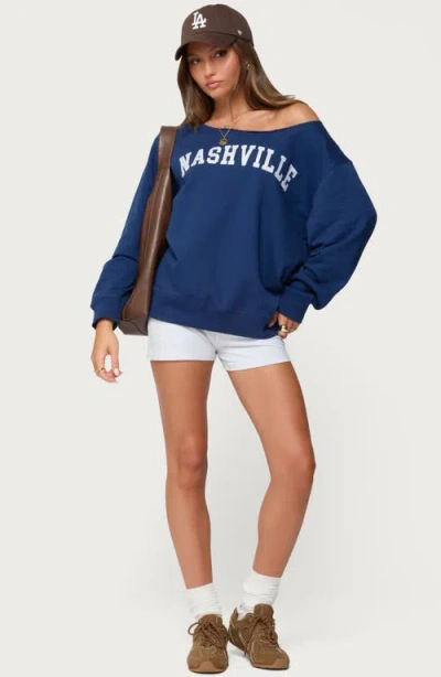 Edikted Nashville Oversize Off The Shoulder Sweatshirt In Blue