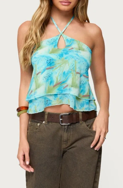 Edikted Dragon Lily Layered Chiffon Halter Top In Blue