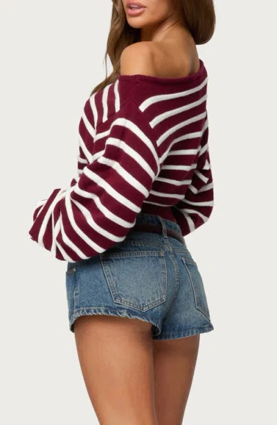 Edikted Mika Stripe Oversize Off The Shoulder Sweater In Burgundy