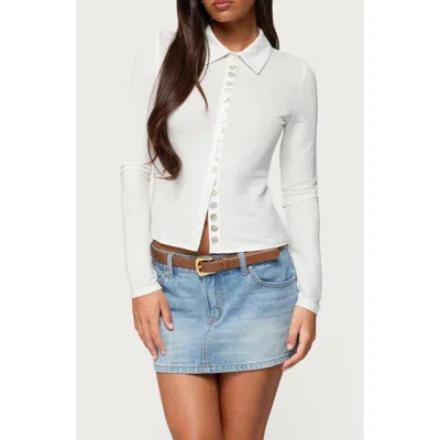 Edikted Pennie Iridescent Button Up Shirt In White