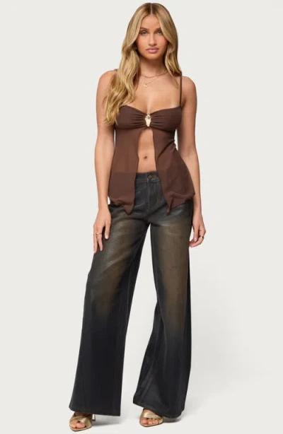 Edikted Reeve Split Front Sheer Mesh Top In Brown