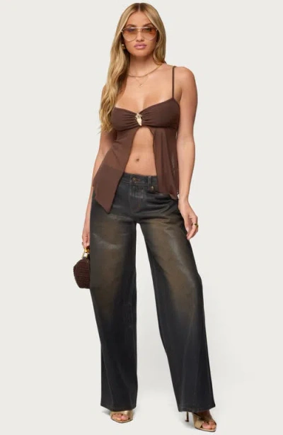 Edikted Reeve Split Front Sheer Mesh Top In Brown