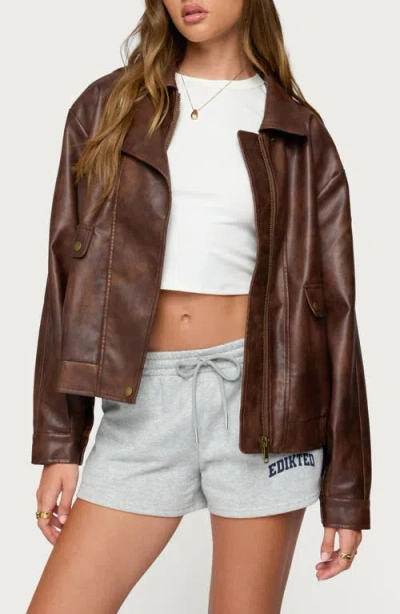 Edikted Ardella Oversized Faux Leather Jacket In Brown