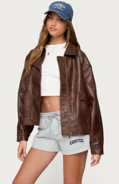 Edikted Ardella Oversized Faux Leather Jacket In Brown