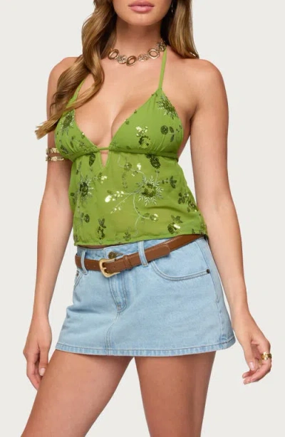 Edikted Kiki Sequin Floral Chiffon Halter Top In Green