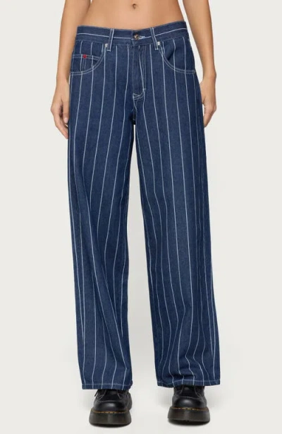 Edikted Kyler Pinstripe Low Rise Dark Rinse Wash Jeans In Blue