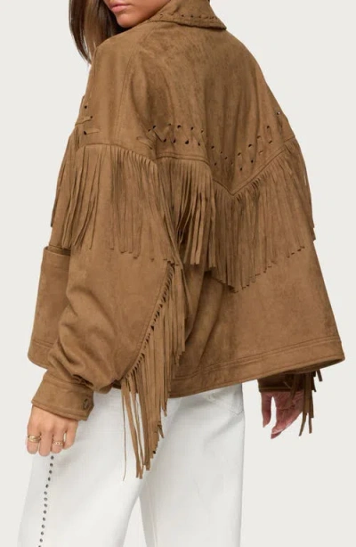 Edikted Evonka Fringe Faux Suede Jacket In Brown