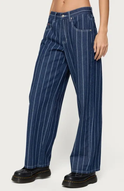 Edikted Kyler Pinstripe Low Rise Dark Rinse Wash Jeans In Blue