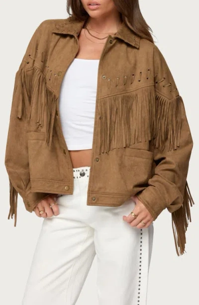Edikted Evonka Fringe Faux Suede Jacket In Brown