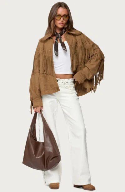 Edikted Evonka Fringe Faux Suede Jacket In Brown