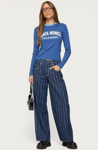 Edikted Kyler Pinstripe Low Rise Dark Rinse Wash Jeans In Blue