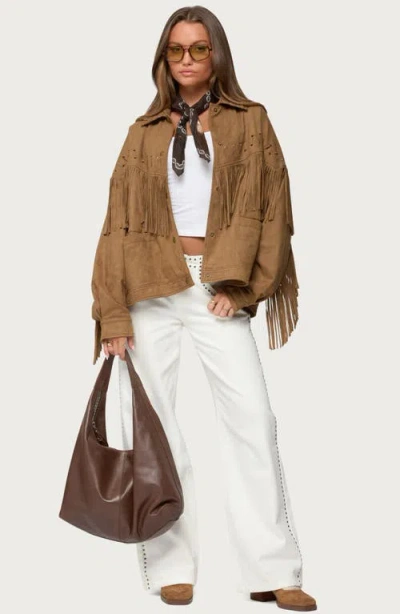 Edikted Evonka Fringe Faux Suede Jacket In Brown