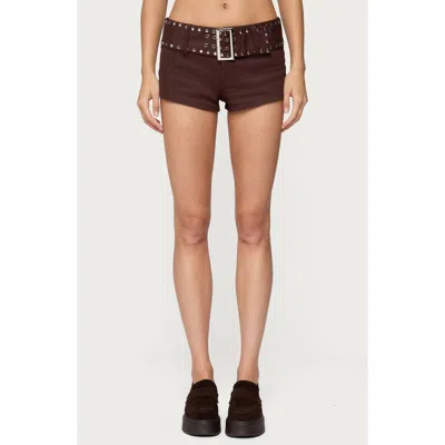 Edikted Studded Belt Denim Micro Shorts In Brown