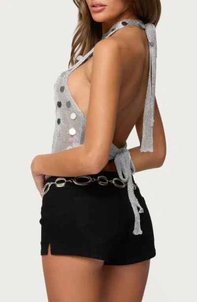 Edikted Metallic Paillette Sequin Open Back Halter Semisheer Crop Top In Silver