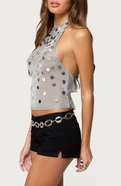 Edikted Metallic Paillette Sequin Open Back Halter Semisheer Crop Top In Silver