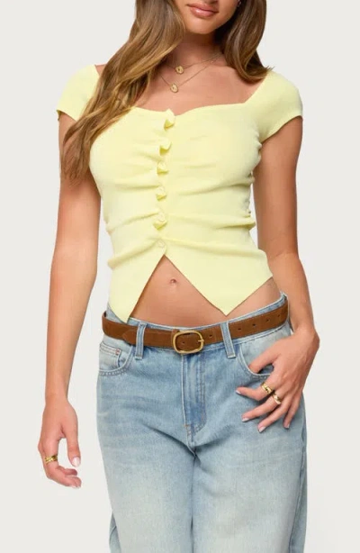 Edikted Lilibet Ruffle Placket Button-up Knit Top In Yellow