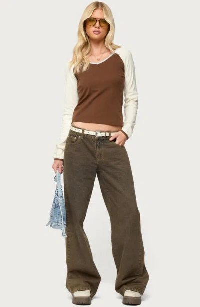 Edikted Ronie Contrast Raglan Sleeve Stretch Cotton T-shirt In Brown