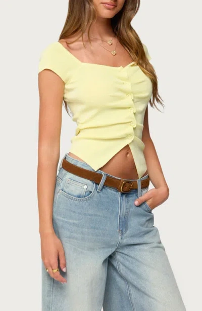 Edikted Lilibet Ruffle Placket Button-up Knit Top In Yellow