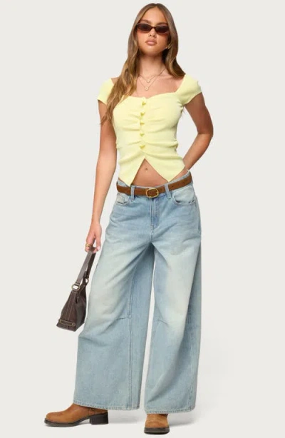 Edikted Lilibet Ruffle Placket Button-up Knit Top In Yellow