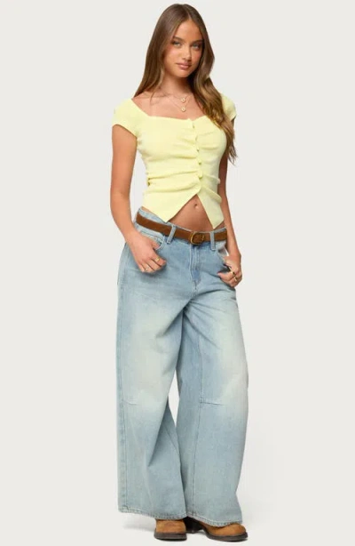 Edikted Lilibet Ruffle Placket Button-up Knit Top In Yellow