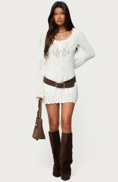 Edikted Shaia Pointelle Stitch Long Sleeve Minidress In White