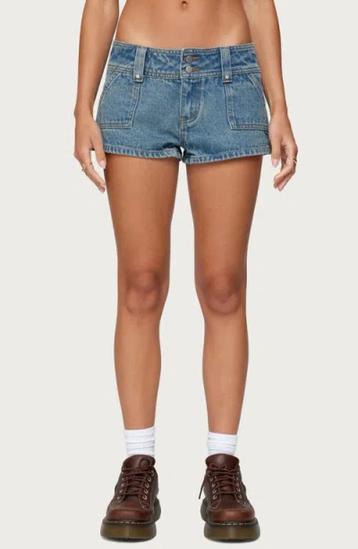 Edikted Keinan Low Rise Denim Shorts In Blue