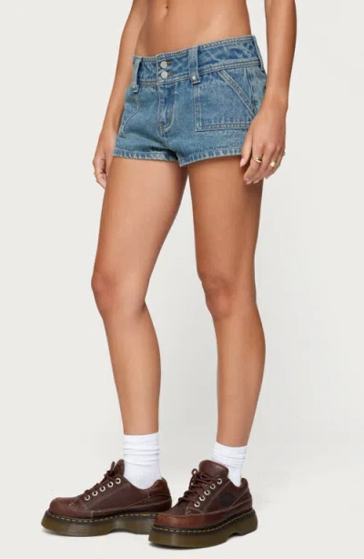 Edikted Keinan Low Rise Denim Shorts In Blue