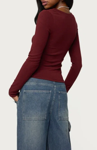 Edikted Larna Ribbed V-neck Long Sleeve T-shirt In Brown