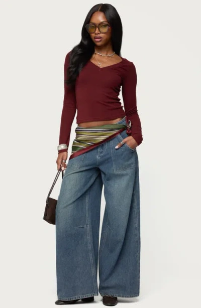 Edikted Larna Ribbed V-neck Long Sleeve T-shirt In Brown