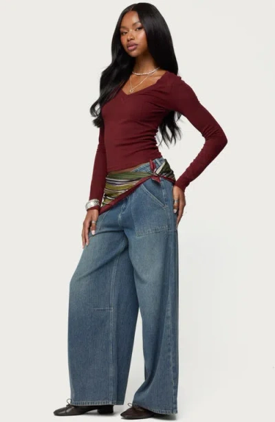 Edikted Larna Ribbed V-neck Long Sleeve T-shirt In Brown