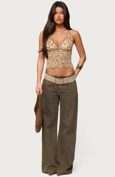 Edikted Araura Velvet Floral Sheer Top In Brown