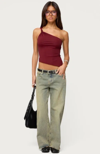 Edikted Knotted One-shoulder Asymmetric Crop Top In Burgundy