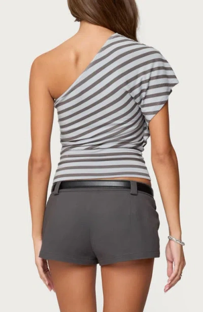 Edikted Asymmetric Striped One Shoulder Top In Gray