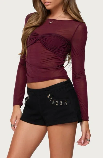 Edikted Oona Gathered Overlay Sheer Top In Burgundy