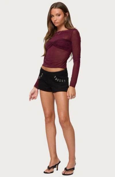 Edikted Oona Gathered Overlay Sheer Top In Burgundy